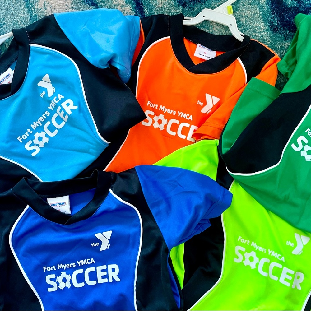 FIVE soccer shirts- YS